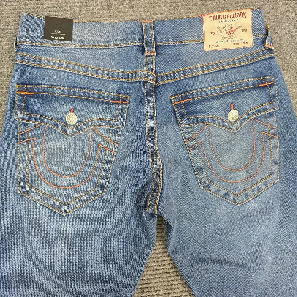 True Religion Ricky Big T Jeans Mens 32x34 Medium Wash Relaxed Straight Flap NWT